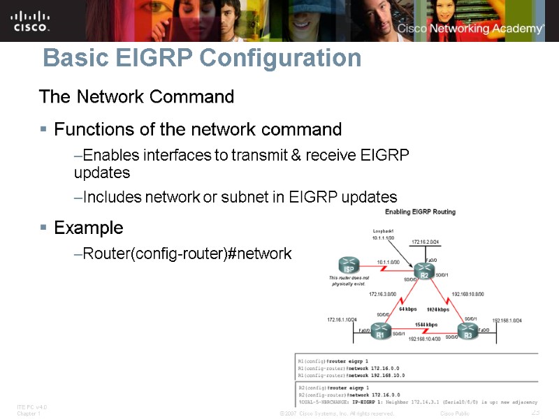 Basic EIGRP Configuration The Network Command Functions of the network command Enables interfaces to